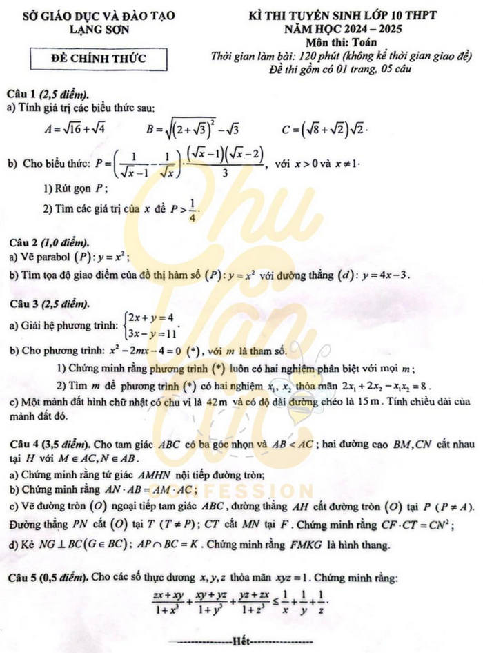 Dap an de thi vao lop 10 mon Toan 2024 - Lang Son