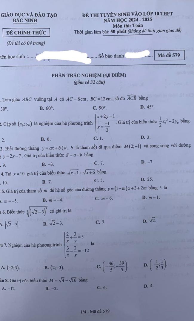 đề thi vào lớp 10 môn Toán Bắc Ninh 2024 trang 1