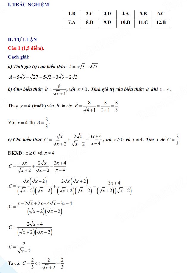 Đáp án đề thi vào lớp 10 môn Toán Hậu Giang năm 2024
