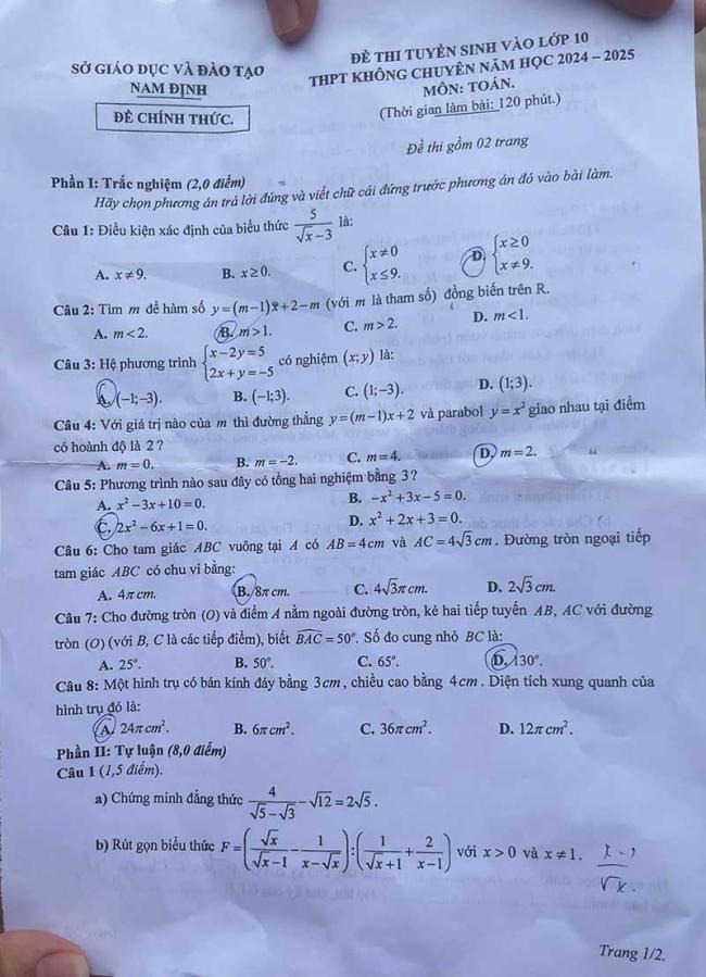 Đáp án đề thi vào 10 môn Toán Nam Định 2024 - 2025 1