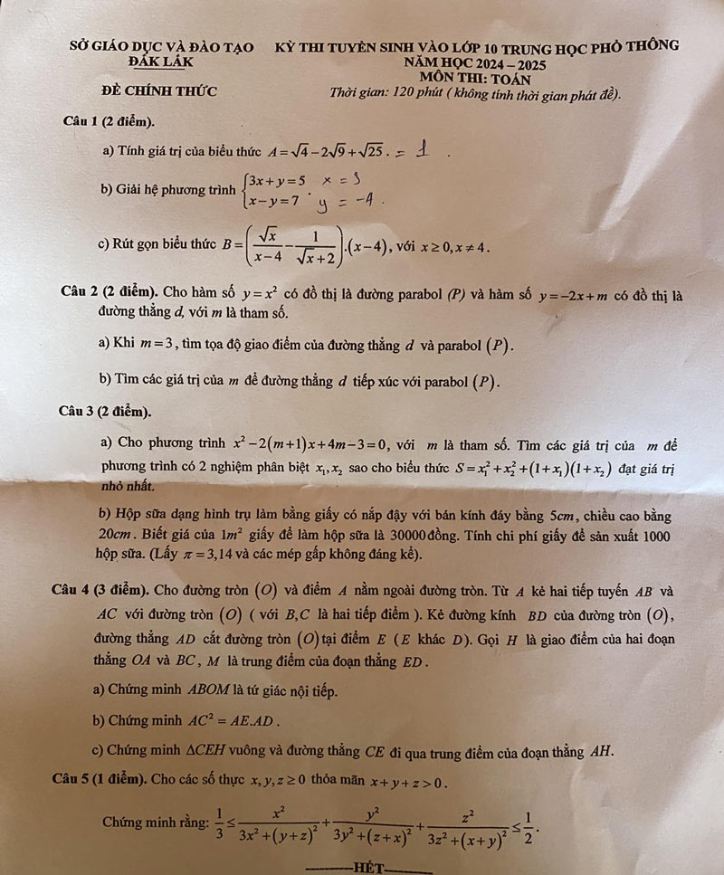 đề thi tuyển sinh lớp 10 môn Toán Đắk Lắk 2024 - 2025