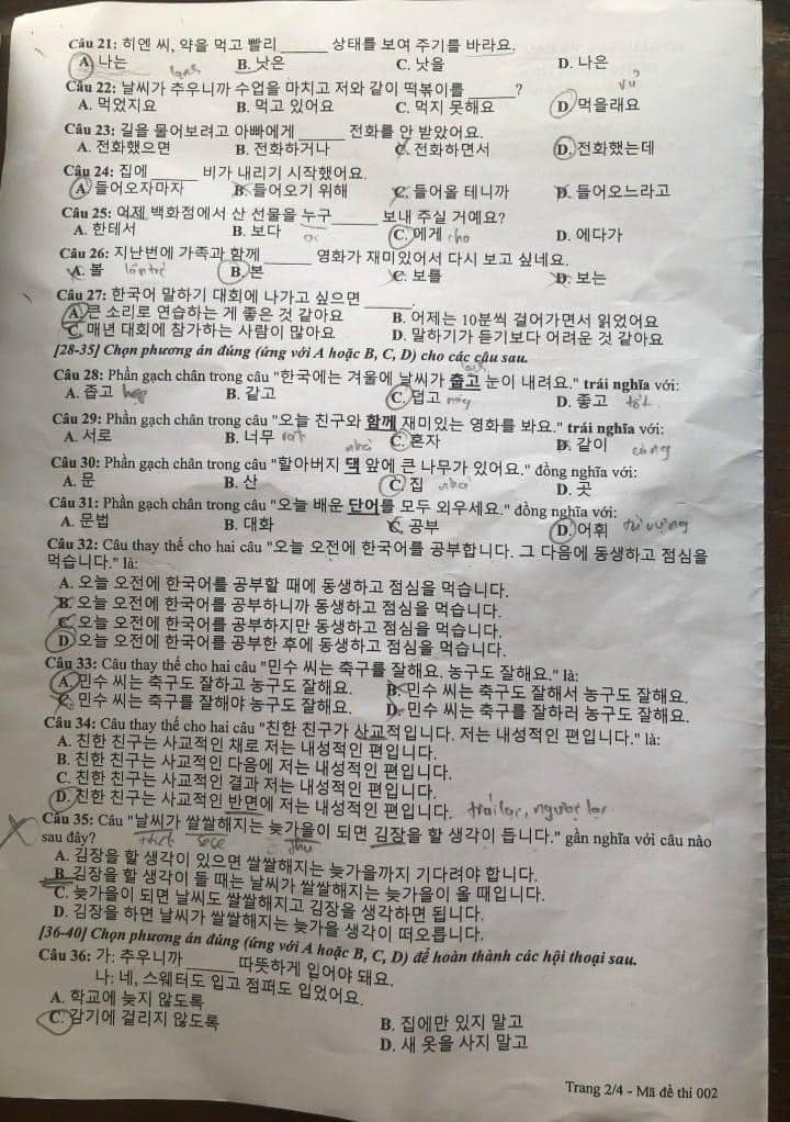 Đề thi tiếng Hàn THPT Quốc gia 2024