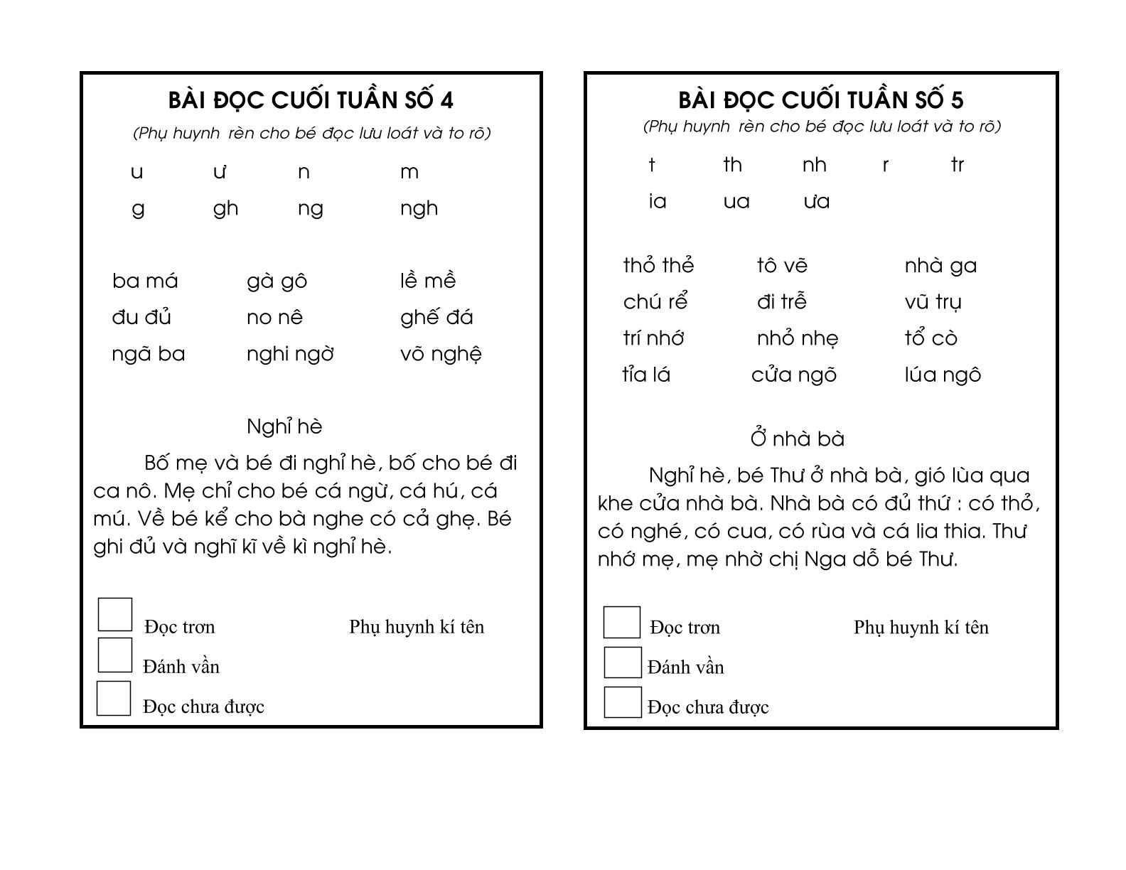 Bài đọc cuối tuần lớp 1