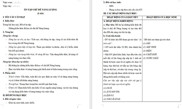 Giáo án Khoa học 5 Ôn tập chủ đề Năng lượng