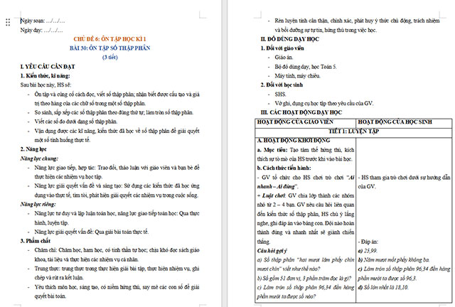 Giáo án Toán 5 Ôn tập số thập phân