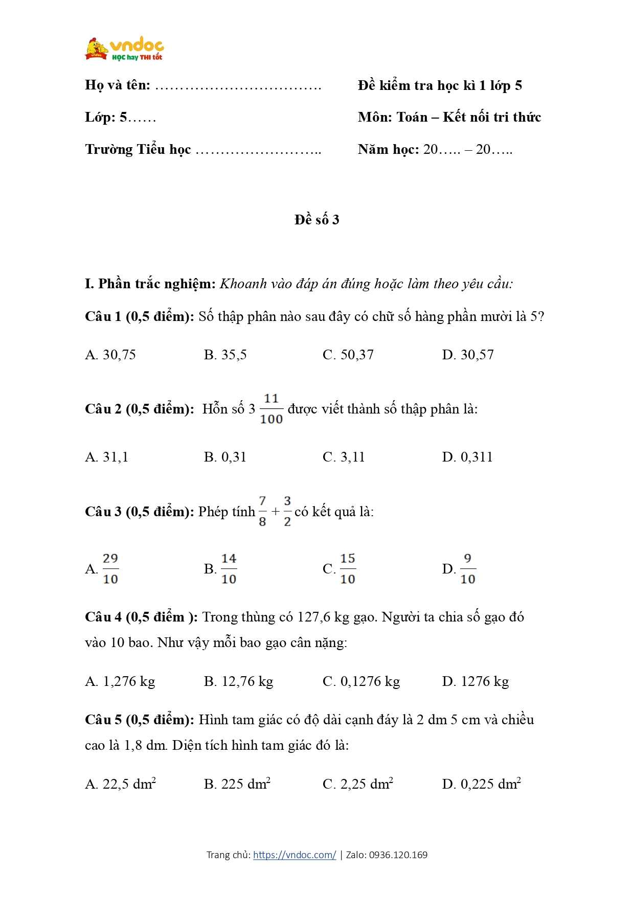 de thi cuoi hoc ki 1 toan 5 kntt de 3 page 0001*648110