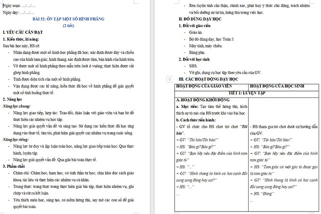 Giáo án Toán 5 Ôn tập một số hình phẳng