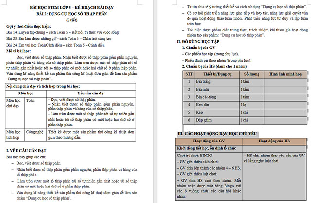 Giáo án STEM Dụng cụ học số thập phân