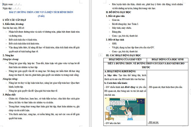 Giáo án Toán 5 Đường tròn, chu vi và diện tích hình tròn