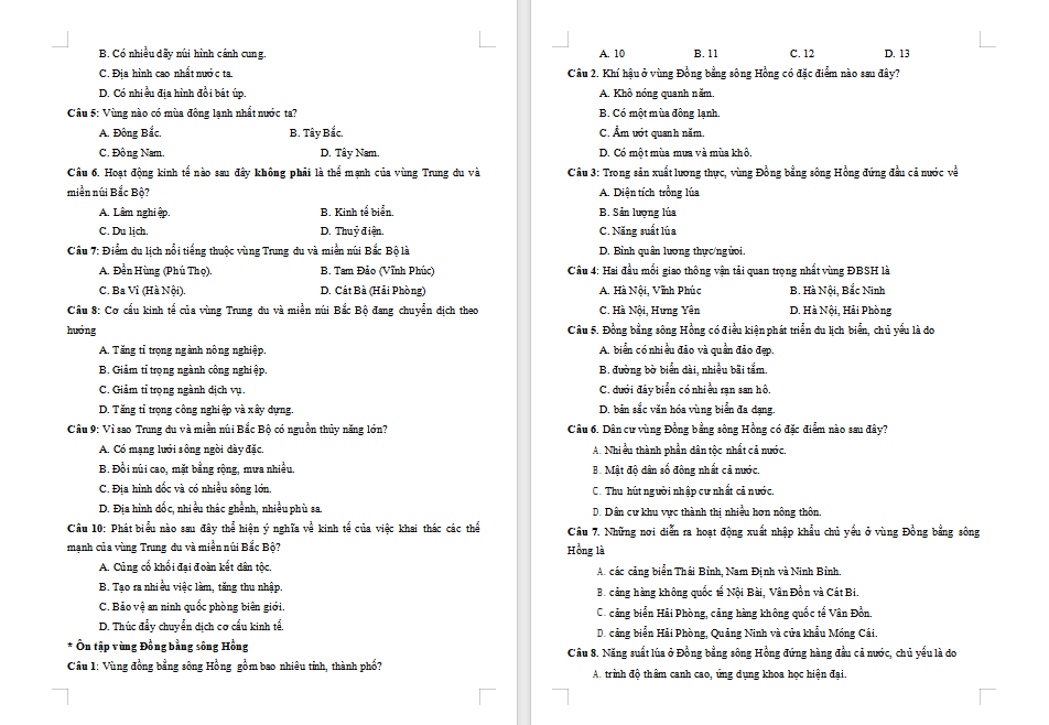 Ôn tập cuối học kì 1 Địa lí 9