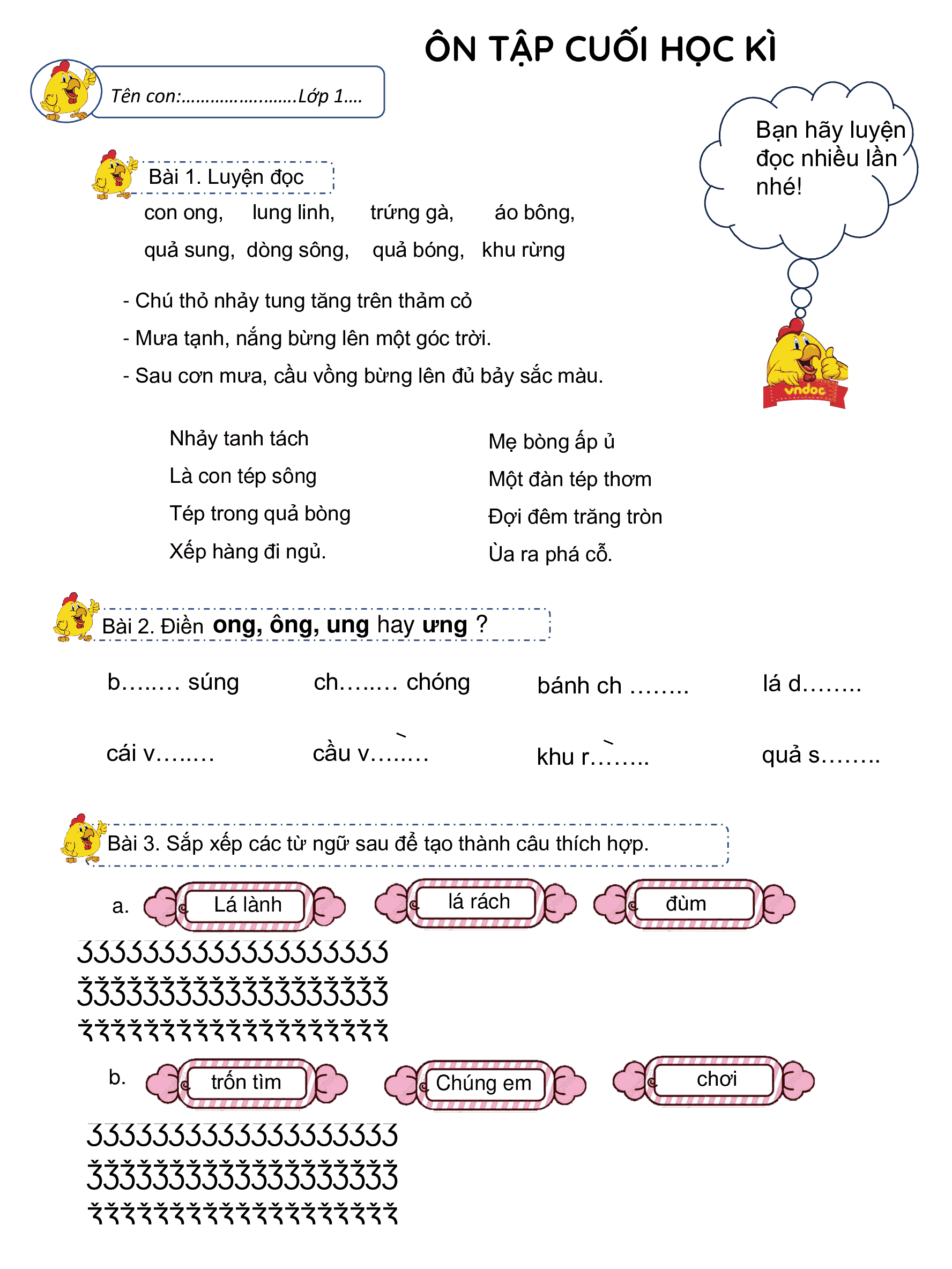 Ôn tập học kì 1 lớp 1 môn Toán, Tiếng Việt