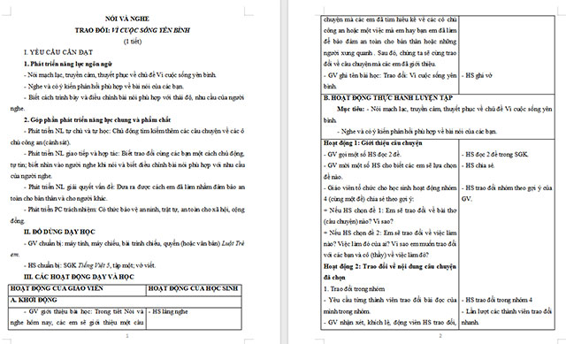 Giáo án Tiếng Việt 5 Trao đổi Vì cuộc sống yên bình