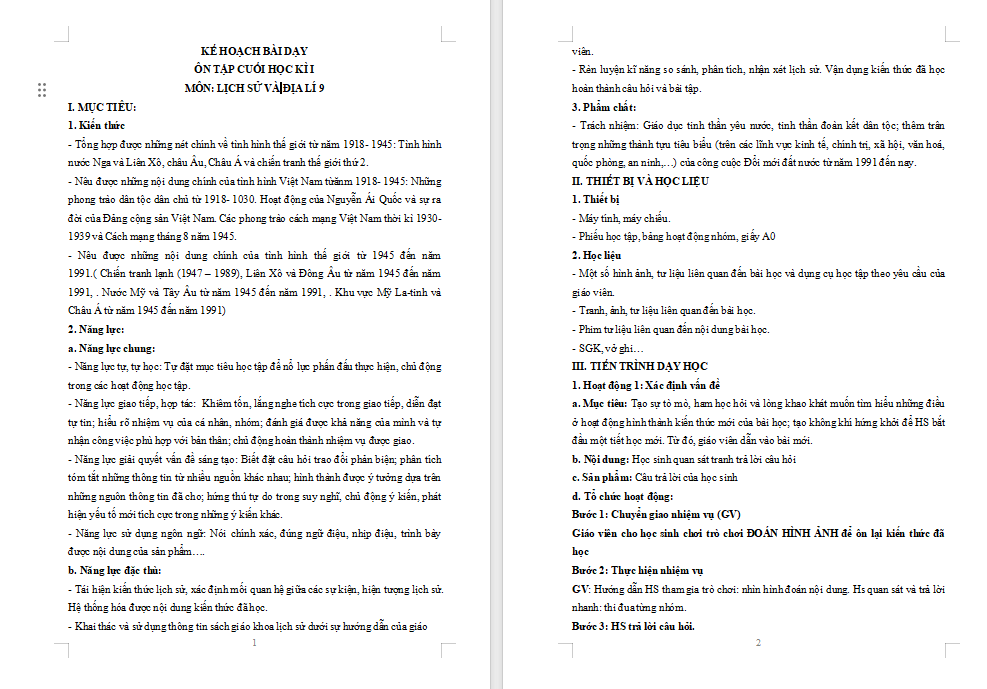 Giáo án Lịch sử 9: Ôn tập cuối học kì 1