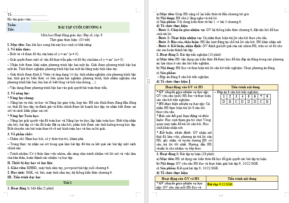 Giáo án Toán 9 Bài tập cuối chương 6