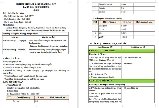 Giáo án STEM Làm chong chóng
