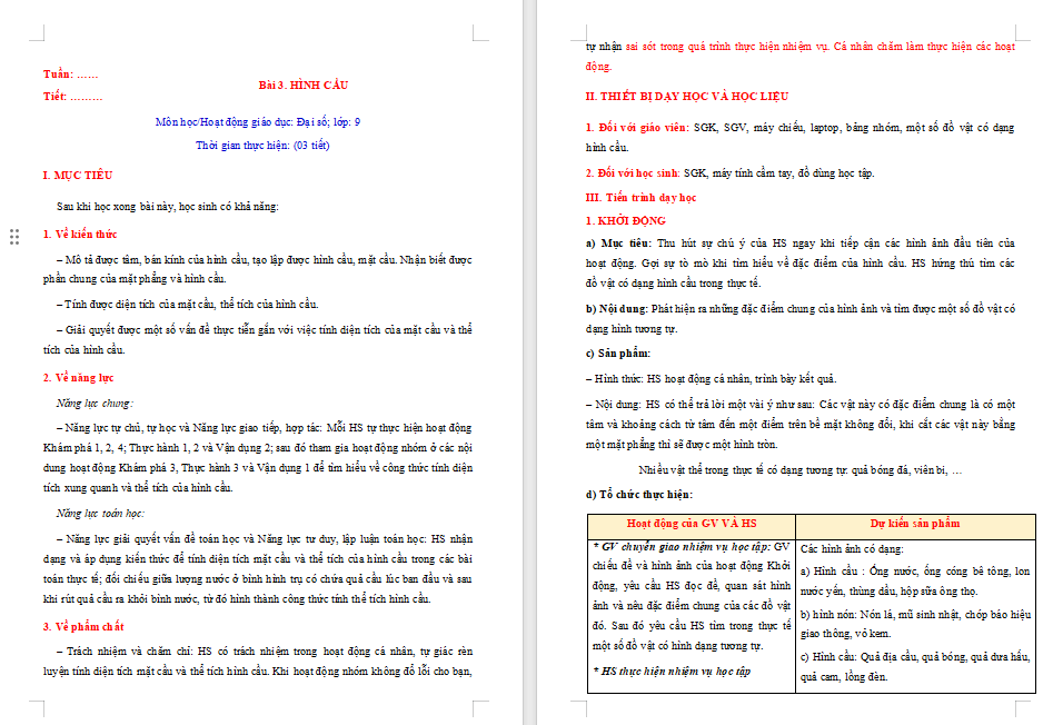 Giáo án Toán 9 Bài 3: Hình cầu