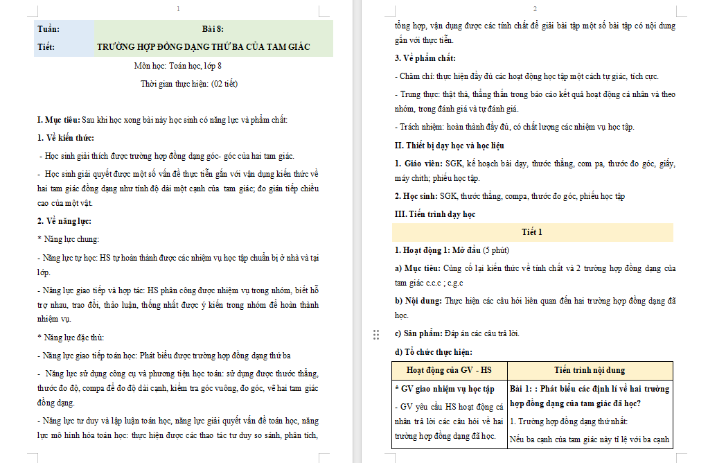 Giáo án Toán 8 Bài 8: Trường hợp đồng dạng thứ ba của tam giác