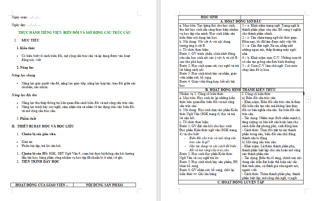 Ngữ văn 9 Bài 6: Biến đổi và mở rộng cấu trúc câu
