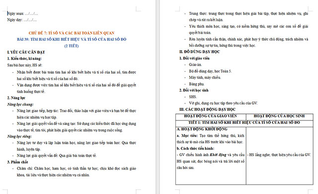 Giáo án Toán 5 Tìm hai số khi biết hiệu và tỉ số của hai số đó