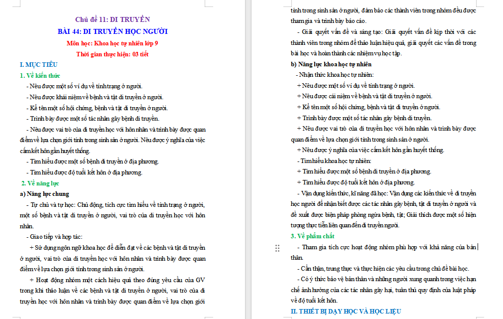 Giáo án Sinh học 9 Bài 44: Di truyền học với con người