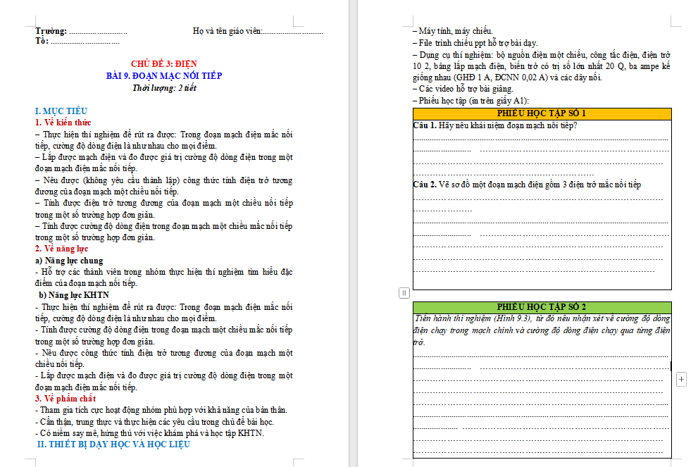 Giáo án Vật lí 9 Bài 9: Đoạn mạch nối tiếp