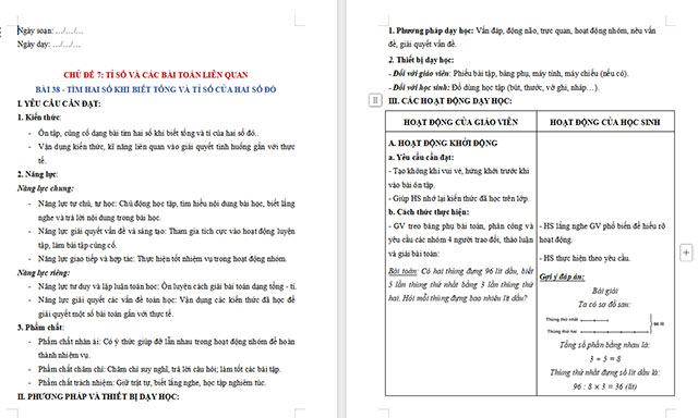 Giáo án dạy thêm Toán 5 Tìm hai số khi biết tổng và tỉ số của hai số đó