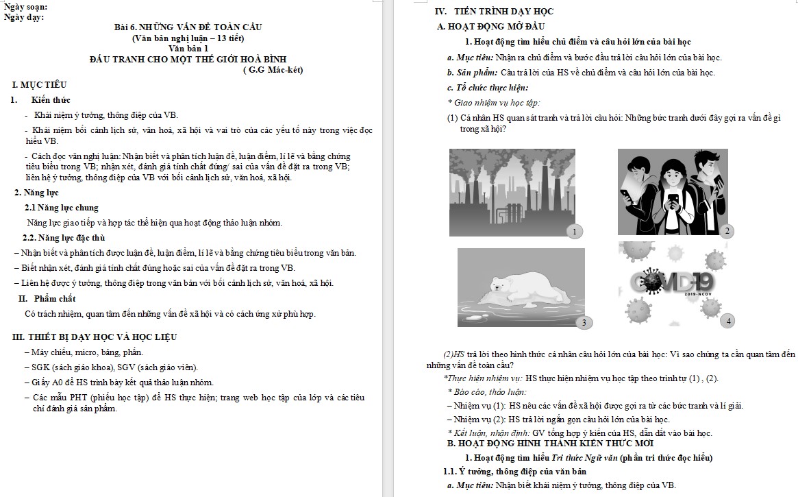 KHBD Ngữ văn 9 Bài 6 CTST Đấu tranh cho một thế giới hoà bình 