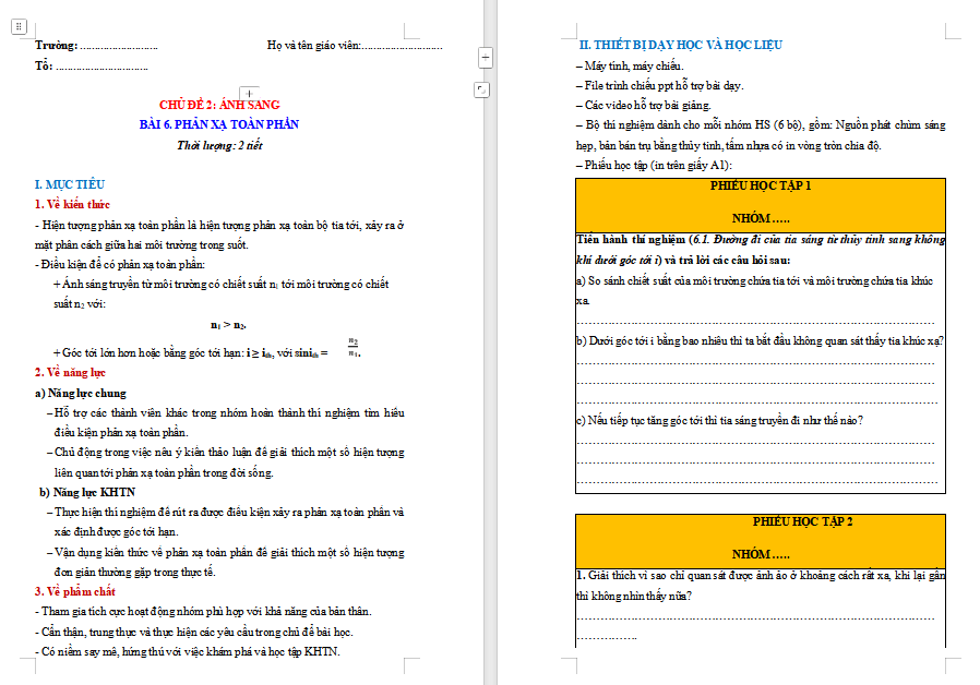 Giáo án Vật lí 9 Bài 6: Phản xạ toàn phần 