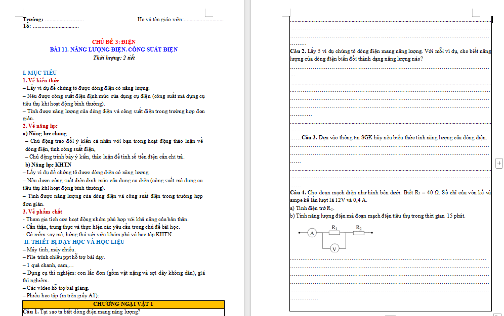 KHTN 9 Bài 11: Năng lượng điện Công suất điện
