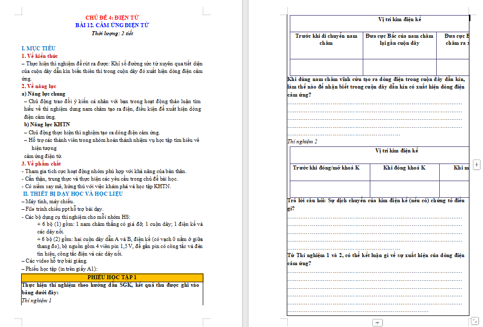 Giáo án Vật lí 9 Bài 12: Cảm ứng điện từ