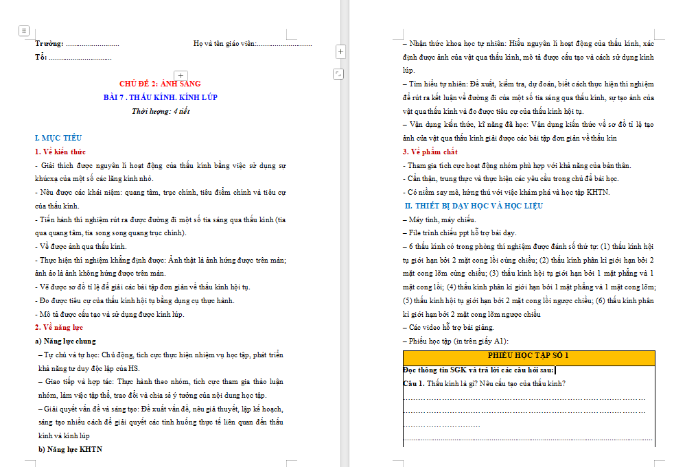 Giáo án Vật lí 9 Bài 7: Thấu kính Kính lúp 