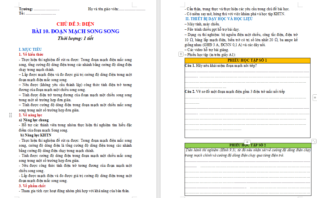 Giáo án Vật lí 9 Bài 10: Đoạn mạch song song