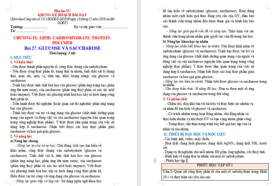Giáo án Hóa học 9 Bài 27: Glucose và saccharose