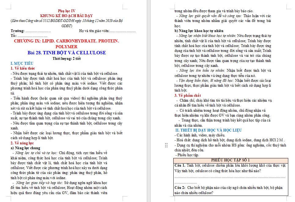 Giáo án Hóa học 9 Bài 28: Tinh bột và cellulose