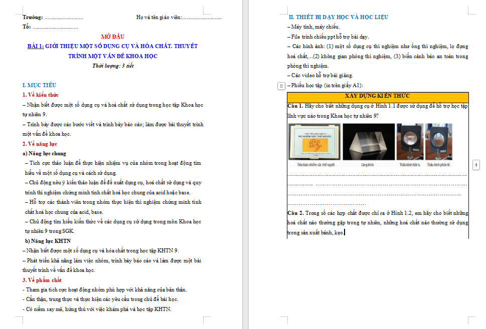 Giáo án KHTN 9 Bài 1 Chân trời sáng tạo