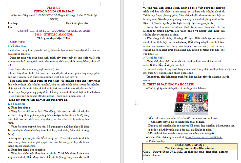 Giáo án Hóa học 9 Bài 24: Ethylic alcohol