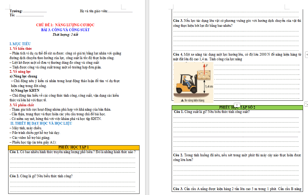 Giáo án Vật lí 9 Bài 3: Công và công suất