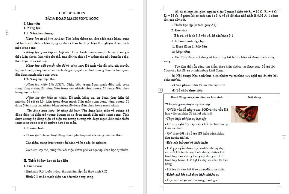 Giáo án Vật lí 9 Bài 9: Đoạn mạch song song