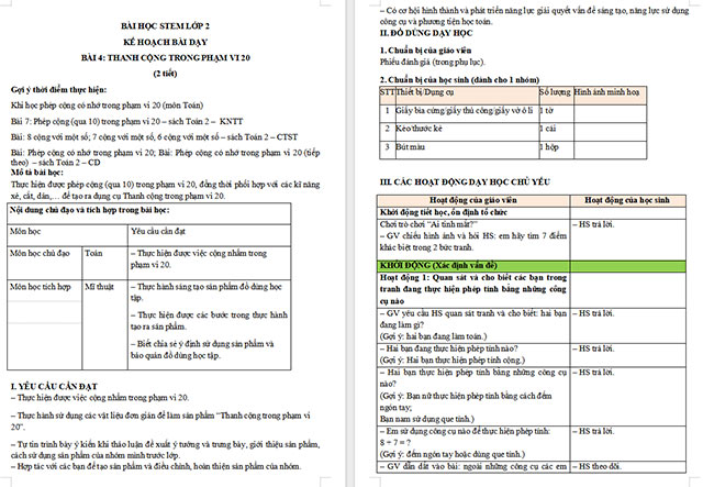 Giáo án STEM Thanh cộng trong phạm vi 20