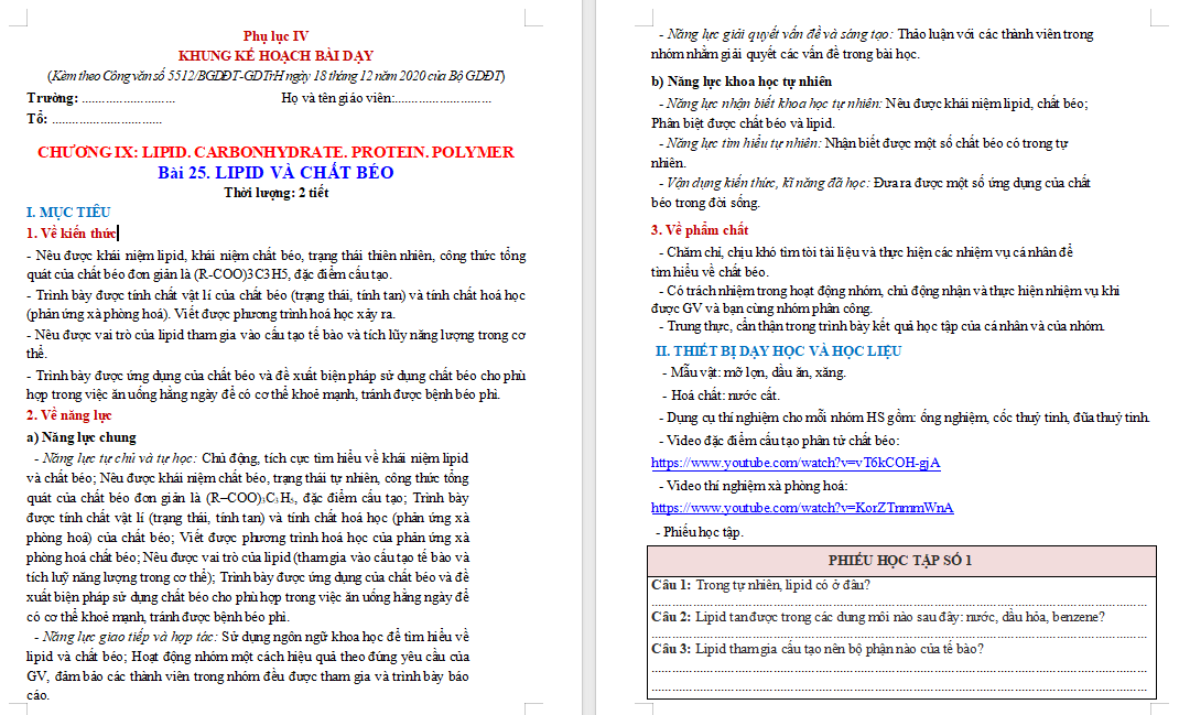Giáo án Hóa học 9 Bài 25: Lipid và chất béo