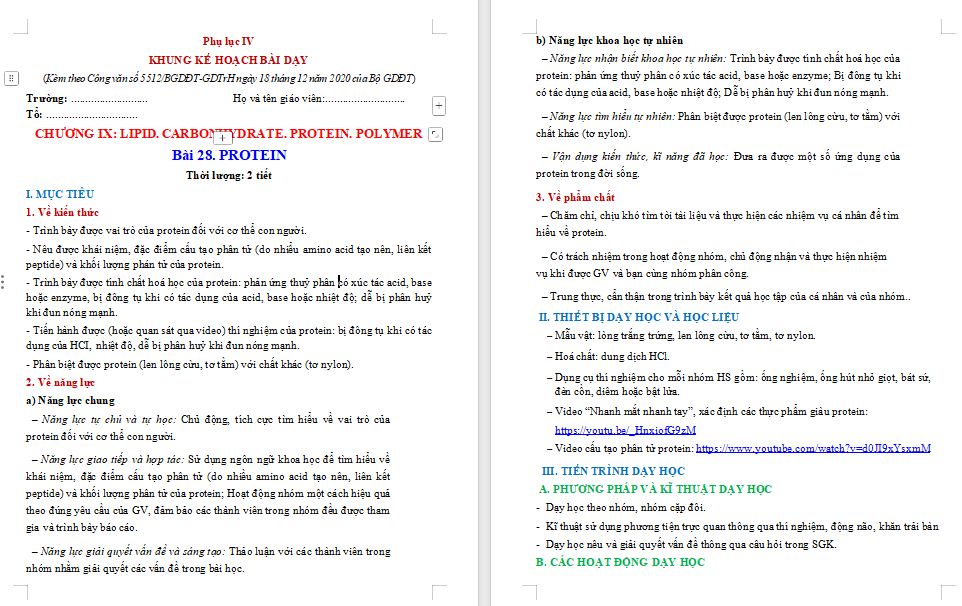 Giáo án Hóa học 9 Bài 28: Protein