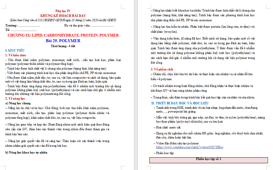 Giáo án Hóa học 9 Bài 29: Polymer