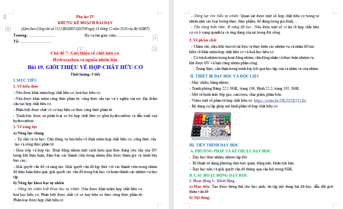 Giáo án Hóa học 9 Bài 19 Giới thiệu về chất hữu cơ