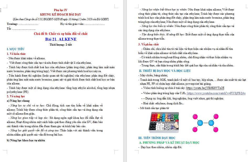 Giáo án Hóa học 9 Bài 21 Alkene