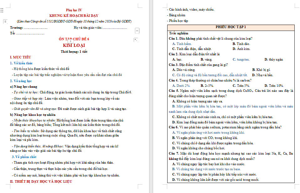 Giáo án Hóa học 9 Bài tập chủ đề 6