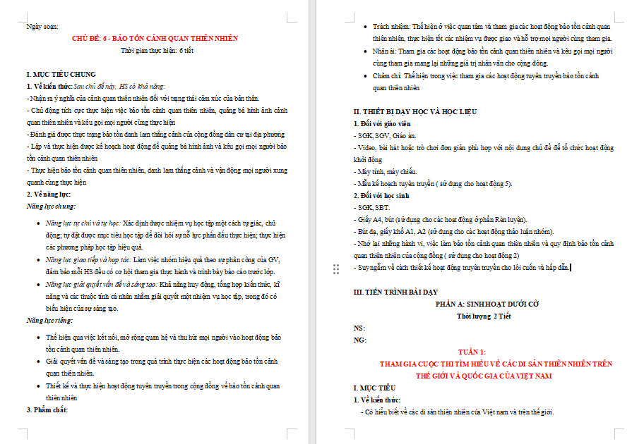 Giáo án HĐTN 11 Chủ đề 6: Bảo tồn cảnh quan thiên nhiên