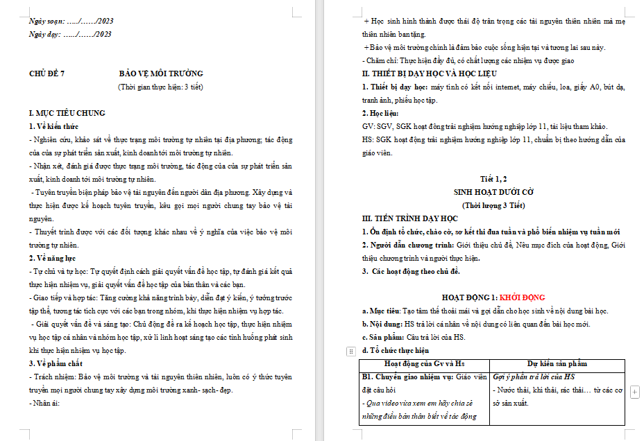 Giáo án Hoạt động trải nghiệm 11 Chủ đề 7: Bảo vệ môi trường