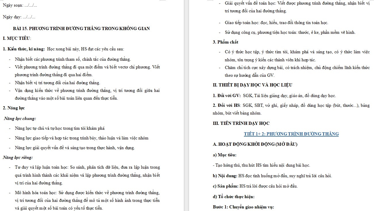 Giáo án Bài 15 Toán 12 Kết nối tri thức