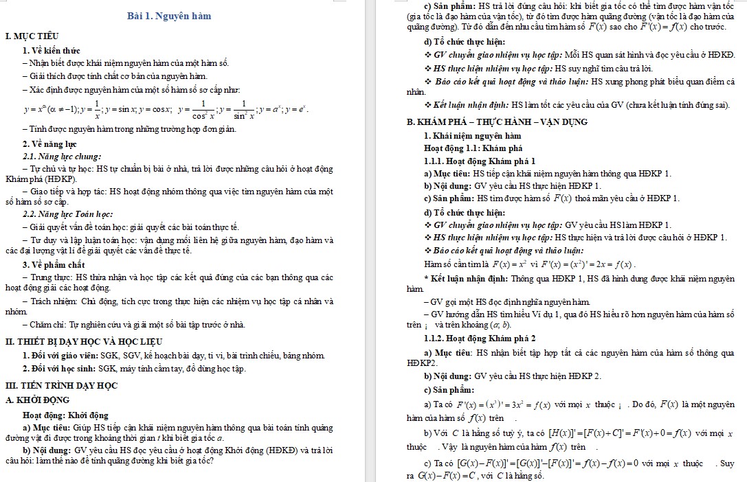 Giáo án Bài Nguyên hàm Toán 12 Chân trời sáng tạo