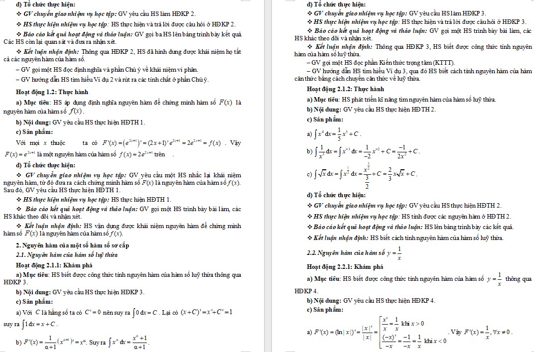 Giáo án Bài Nguyên hàm Toán 12 Chân trời sáng tạo